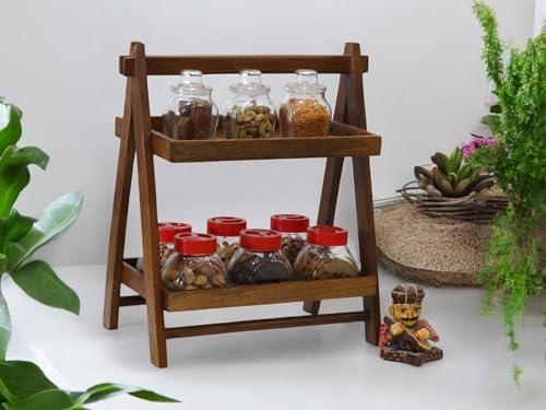 Vesta Homes Foldable Home and Kitchen Organizer Countertop Tiered Shelf Rack/Double Tray/Storage Shelves/Spice Shelf/Wooden Organizer for Office, Bedroom | 43 x 23 x 38 cms | Handcrafted in India