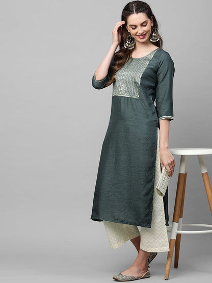 Indyancart IE Women Charcoal Grey Ethnic Motifs Yoke Design Straight Kurta