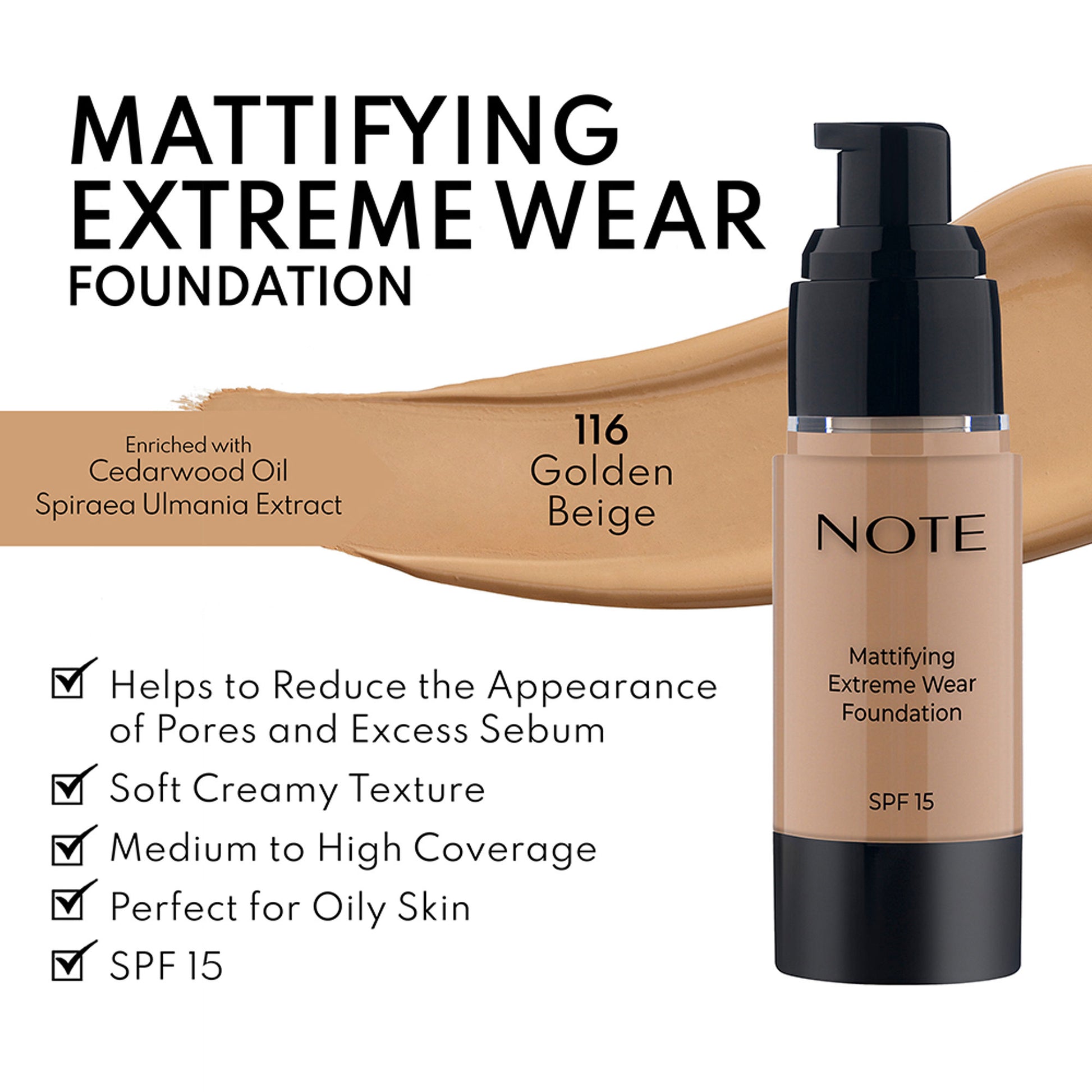 Note Cosmetique Mattifying Extreme Wear Foundation - 116 Golden Beige