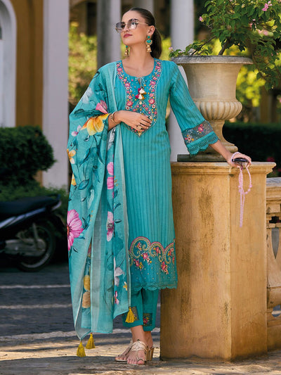Indyancart IE Floral Embroidered Pure Cotton Straight Kurta with Trousers & Dupatta