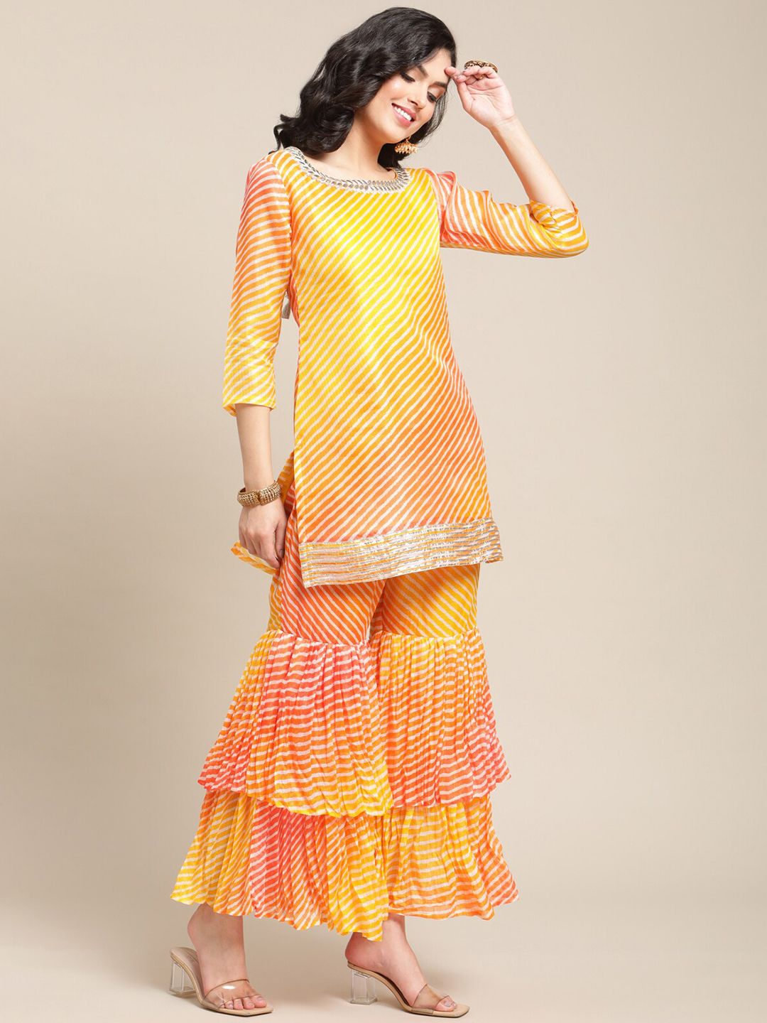 Indyancart VA Women's Yellow Printed Gotta Patti Kurti with Sharara & Dupatta