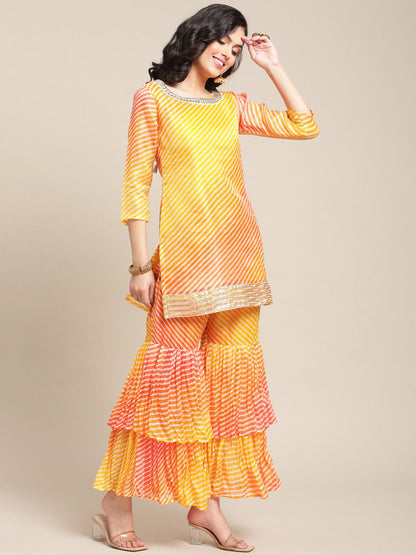 Indyancart VA Women's Yellow Printed Gotta Patti Kurti with Sharara & Dupatta