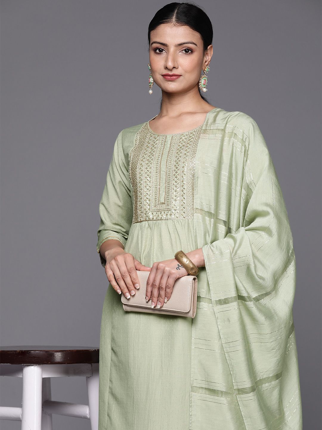 Indyancart VA Women's Embroidered Sequinned Kurta with Trousers & With Dupatta