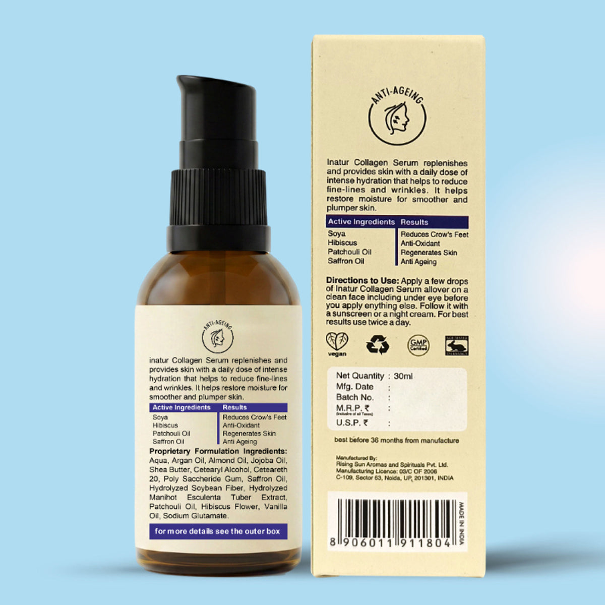 inatur Collagen Face Serum with Peptides, Anti-Aging, Boosts Elasticity, Firms Skin & Restores Glow