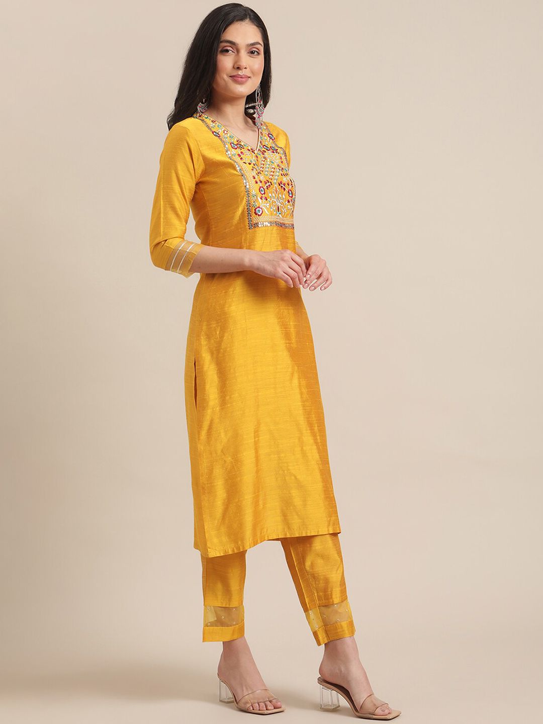 Indyancart VA Women's Mustard Yellow Floral Embroidered Empire Thread Work Kurta with Trousers & With Dupatta