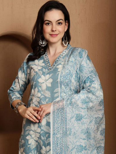 Indyancart SN Women's Floral Printed Straight Kurta With Trouser & Dupatta