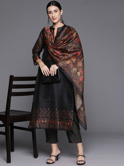 Indyancart VA Women's Printed Regular Chanderi Silk Kurta with Trousers & Dupatta