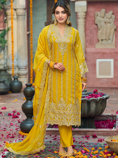 Indyancart IE Floral Embroidered V-Neck Zari Organza Kurta With Trousers And Dupatta