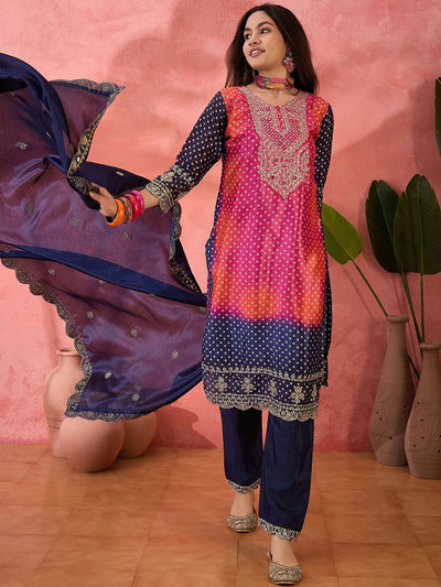 Indyancart SN Women's Bandhani Printed with Embroidered Kurta With Trousers & Dupatta
