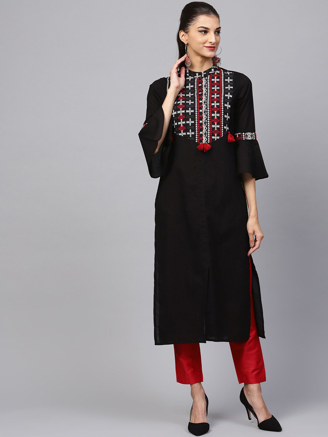 Dhiyona IE Women Black & Red Geometric Yoke Design Bell Sleeves Pure Cotton Kurta