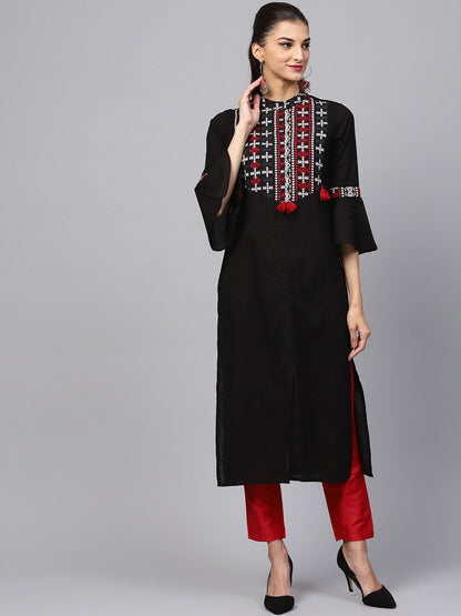 Dhiyona IE Women Black & Red Geometric Yoke Design Bell Sleeves Pure Cotton Kurta