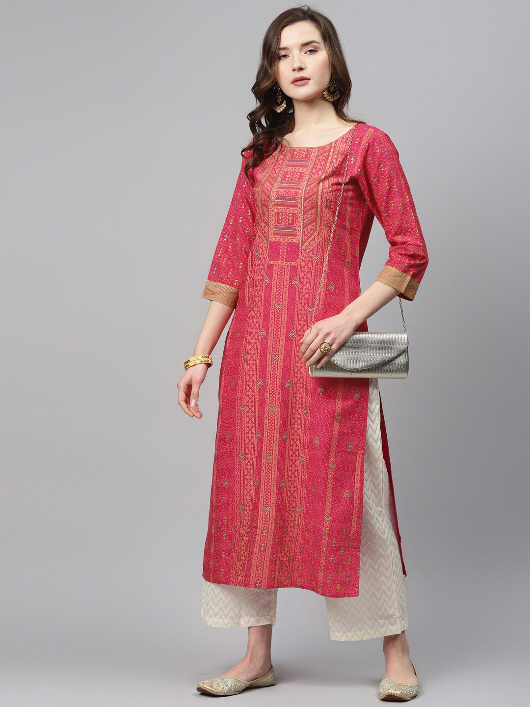 Indyancart IE Women Pink & Peach-Coloured Foil Print Straight Kurta