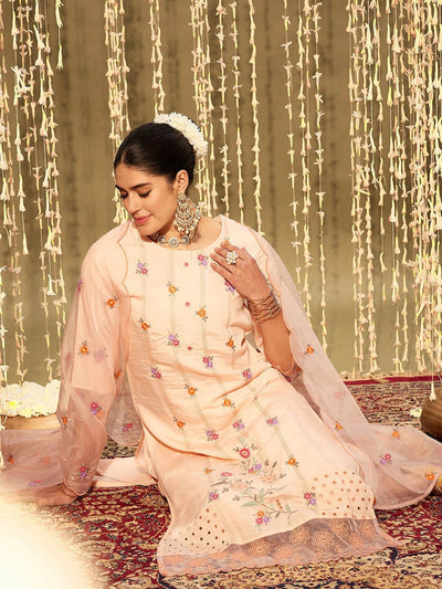 Indyancart IE Floral Embroidered Regular Thread Work Kurta With Trousers & Dupatta