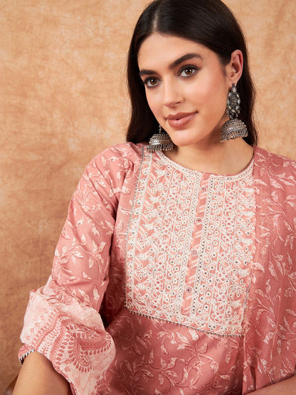 Dhiyona IE Floral Embroidered Regular Thread Work Cotton Kurta with Trousers & Dupatta
