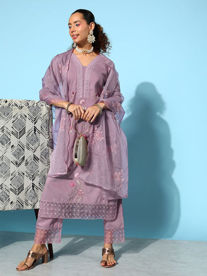 Indyancart VA Women's Mauve Floral Embroidered Thread Work Kurta With Trousers & Dupatta