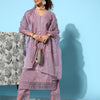 Indyancart VA Women's Mauve Floral Embroidered Thread Work Kurta With Trousers & Dupatta