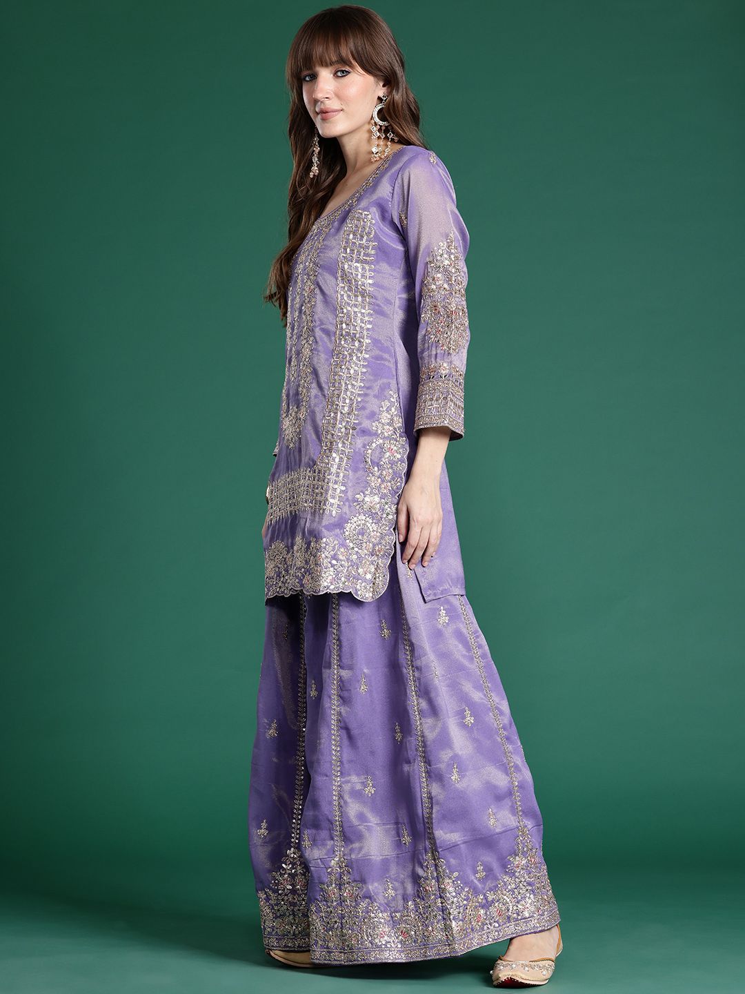 Indyancart IE Ethnic Motifs Embroidered Sequinned Kurta With Palazzos & Dupatta