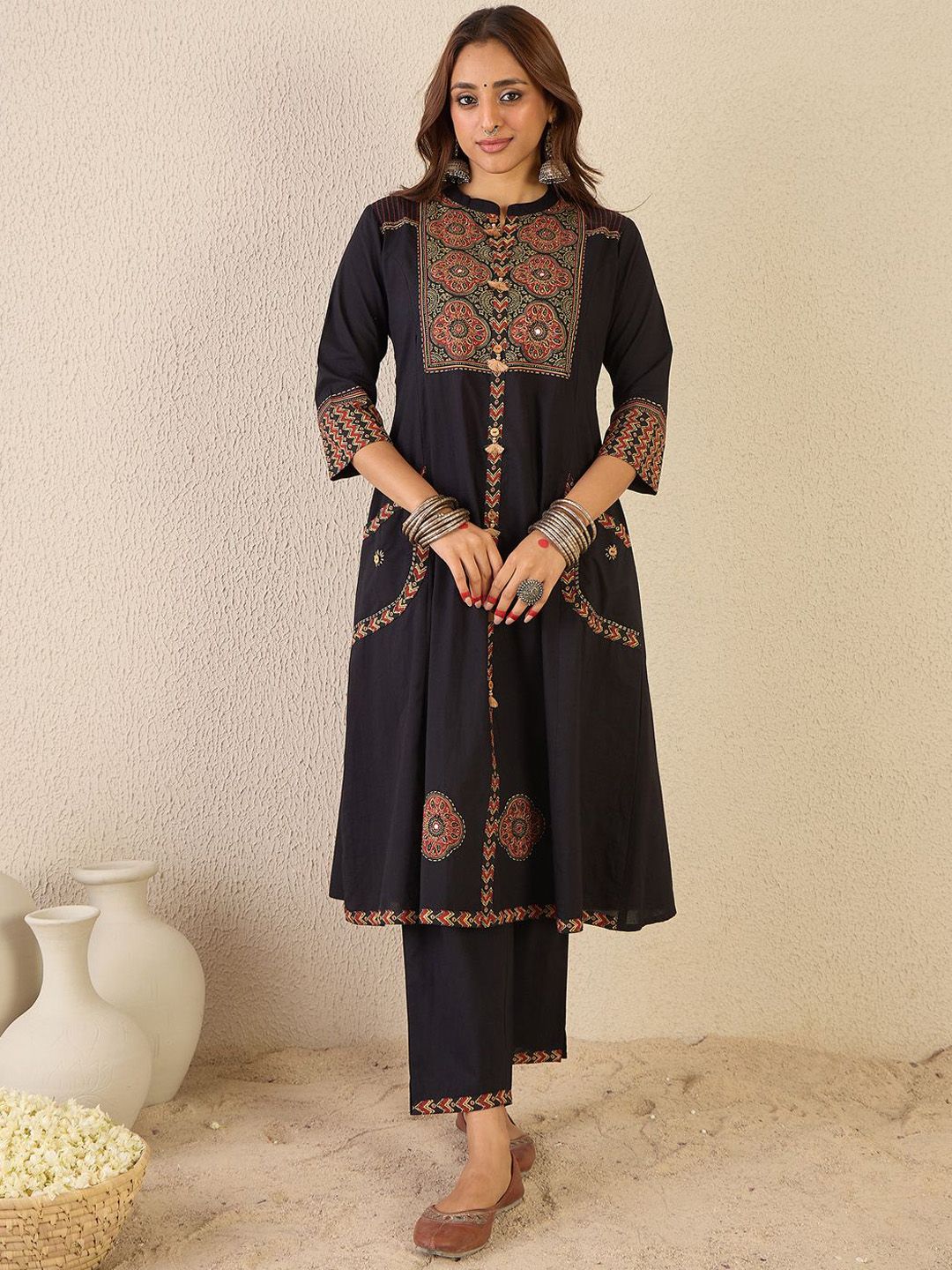 Ethnic Motifs Printed Mandarin Collar A Line Pure Cotton Kurta With Trousers
