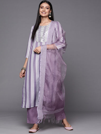 Indyancart VA Women's Lavender & White Embroidered Kurta with Trousers & Dupatta