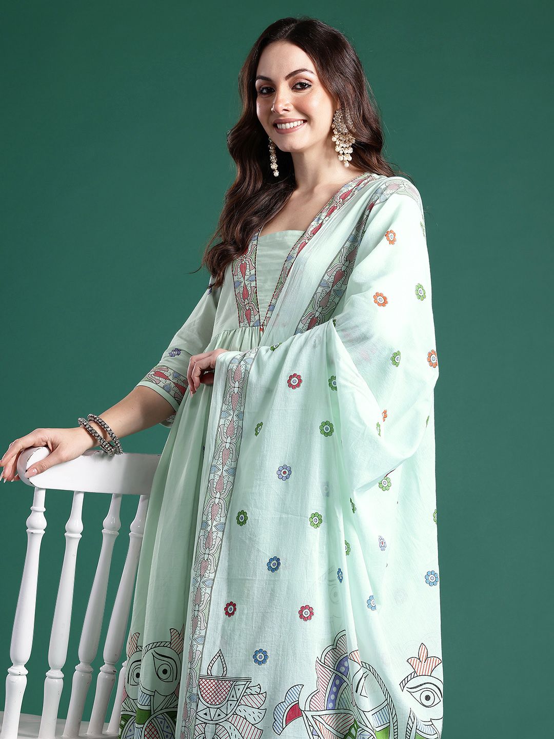 Ethnic Motifs Printed Pleated Pure Cotton Kurta with Trousers & Dupatta