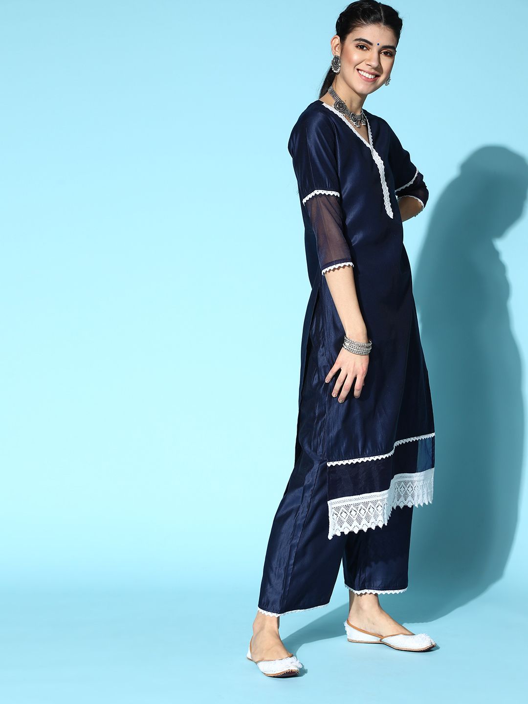 Indyancart IE Solid Poly-Georgette Lace Kurta Set