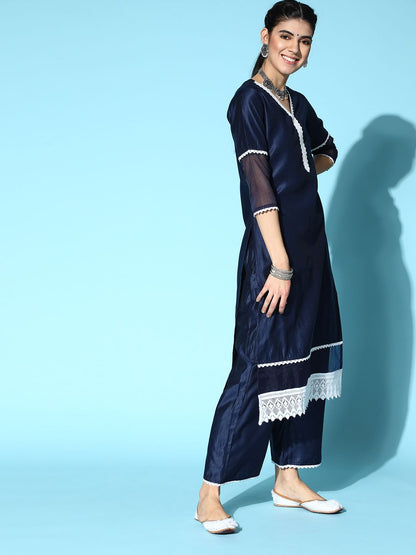 Indyancart IE Solid Poly-Georgette Lace Kurta Set