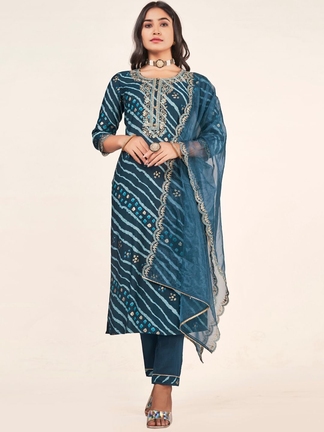 Indyancart SN Women's Leheriya Embroidered Straight Kurta With Trousers & Dupatta