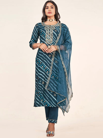 Indyancart SN Women's Leheriya Embroidered Straight Kurta With Trousers & Dupatta