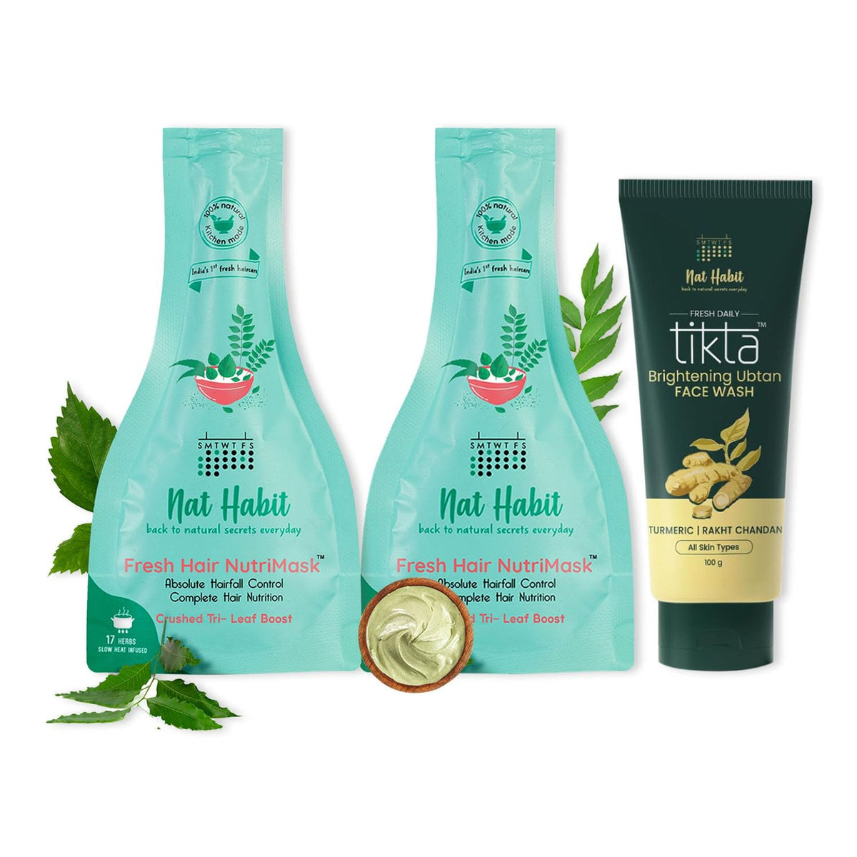Nat Habit Tri-Leaf Hair Mask For Hair Fall Control & Brightening Ubtan Face Wash For Acne Prone Skin