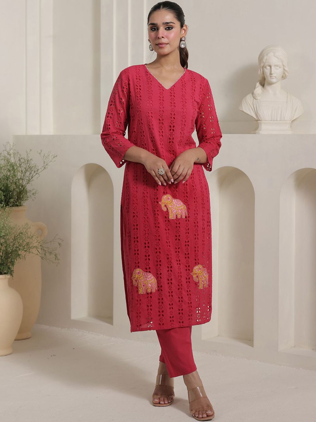 Women Self Design Regular Pure Cotton Kurta with Trousers