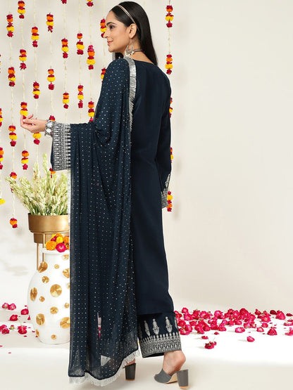 Indyancart VA Women'sEthnic Motifs Zari Embroidered Regular Kurta With Trousers & With Dupatta