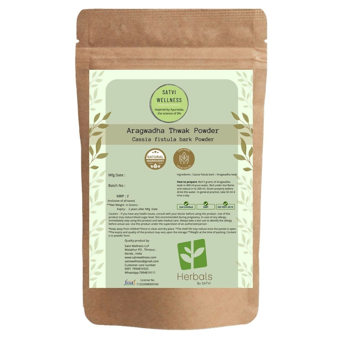 Satvi Wellness Aragwadha Bark Powder in a jar, natural Ayurvedic powder for health and wellness, with a wooden scoop.