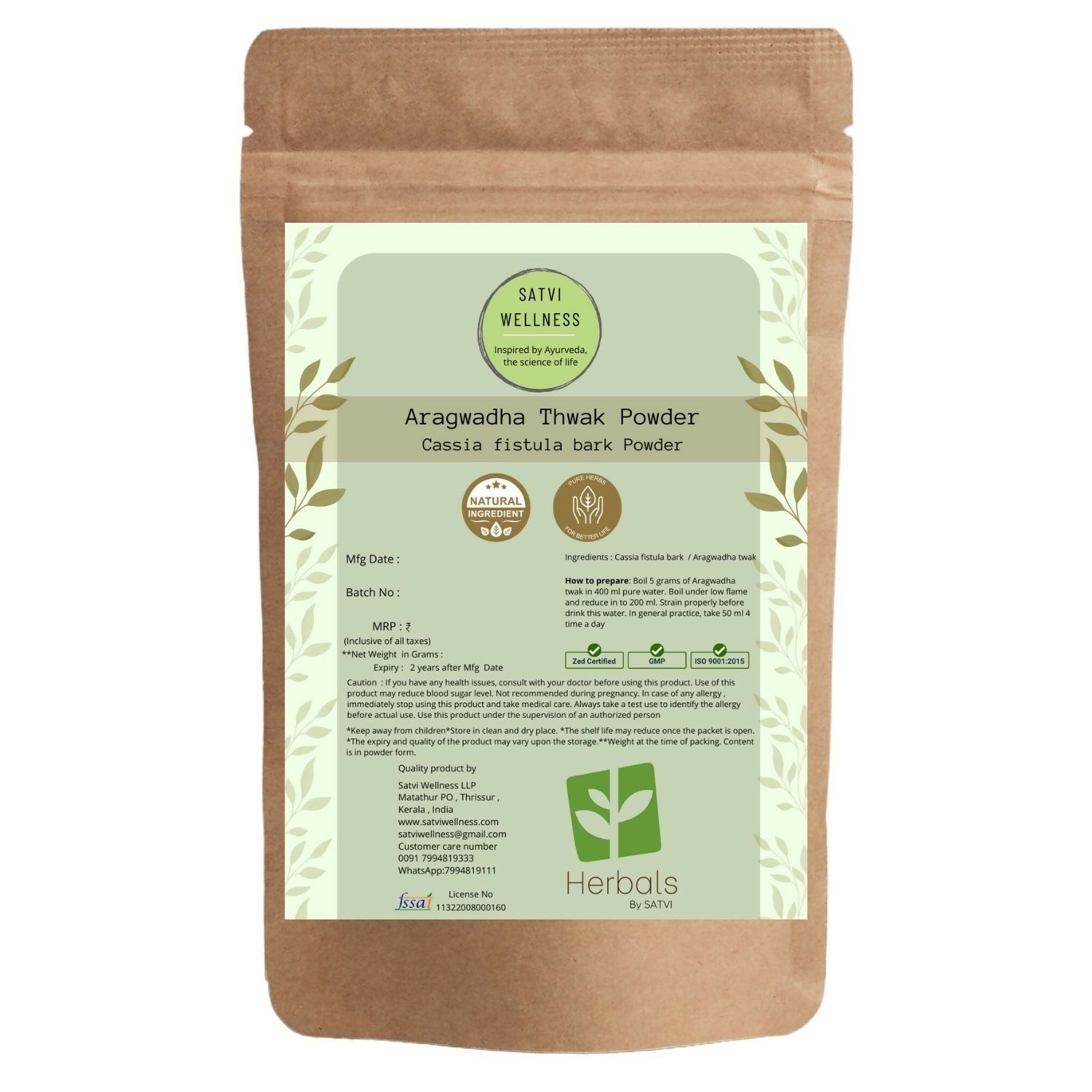 Satvi Wellness Aragwadha Bark Powder in a jar, natural Ayurvedic powder for health and wellness, with a wooden scoop.