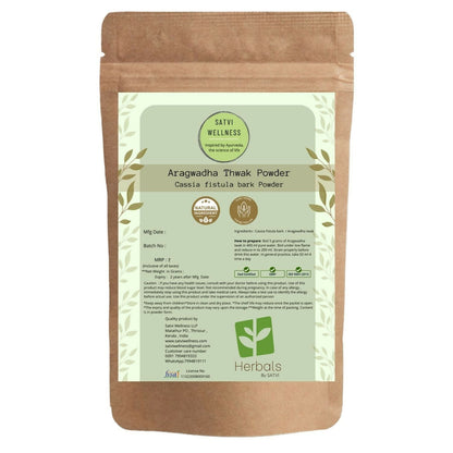 Satvi Wellness Aragwadha Bark Powder in a jar, natural Ayurvedic powder for health and wellness, with a wooden scoop.