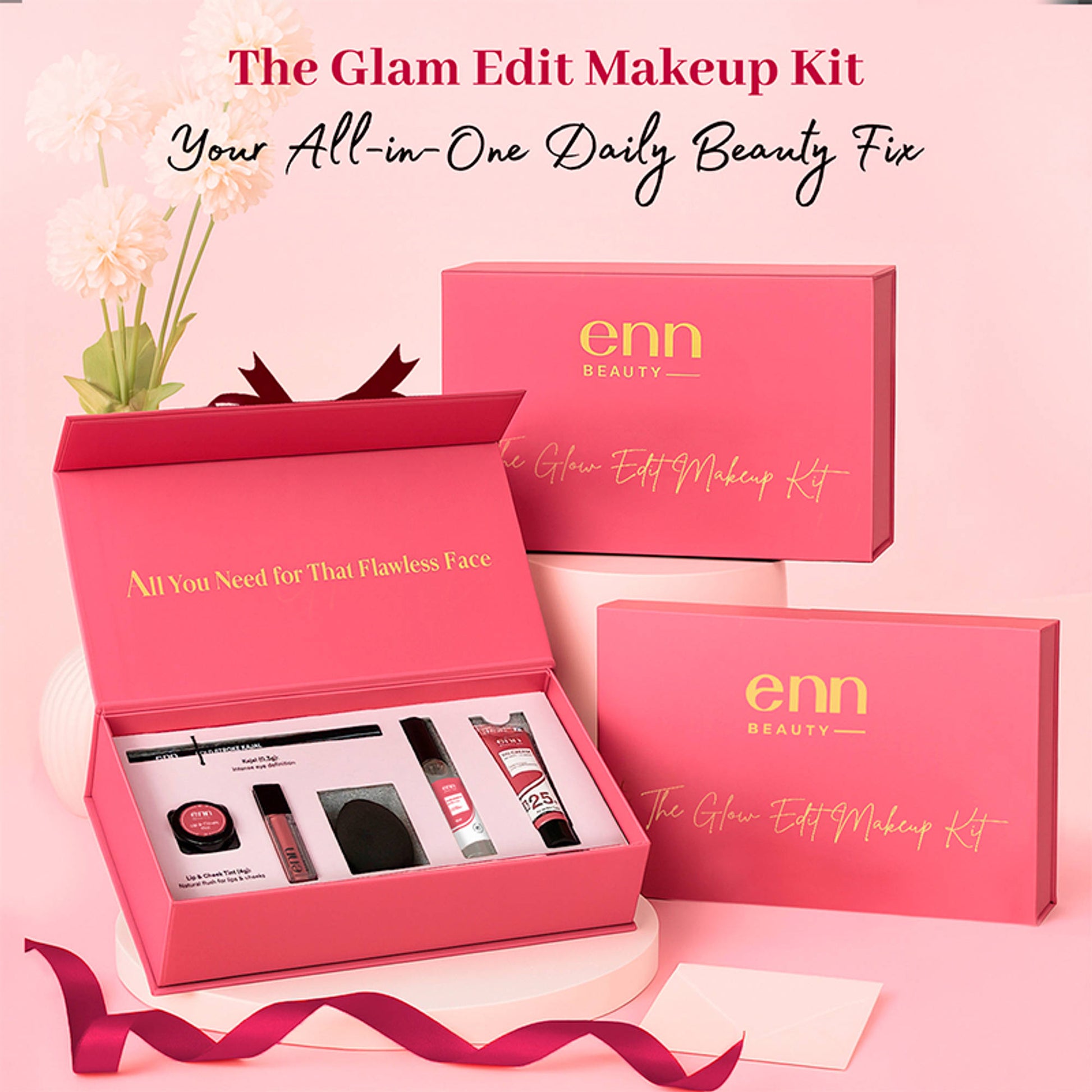 ENN The Glam Edit Makeup Kit, DD Cream, Kajal, Lipstick, Tint, 4-in-1 Mist & Blender Gift Set