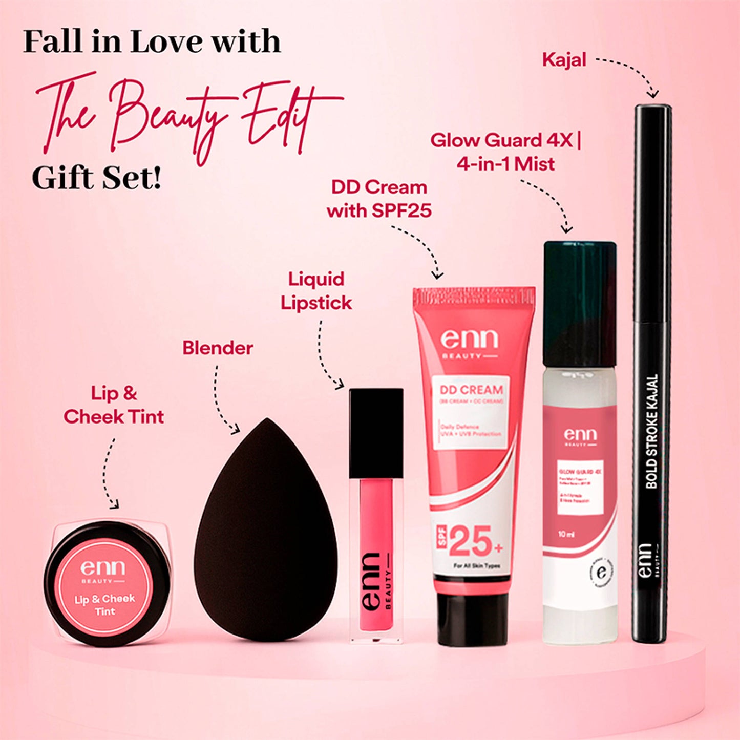 ENN The Glam Edit Makeup Kit, DD Cream, Kajal, Lipstick, Tint, 4-in-1 Mist & Blender Gift Set