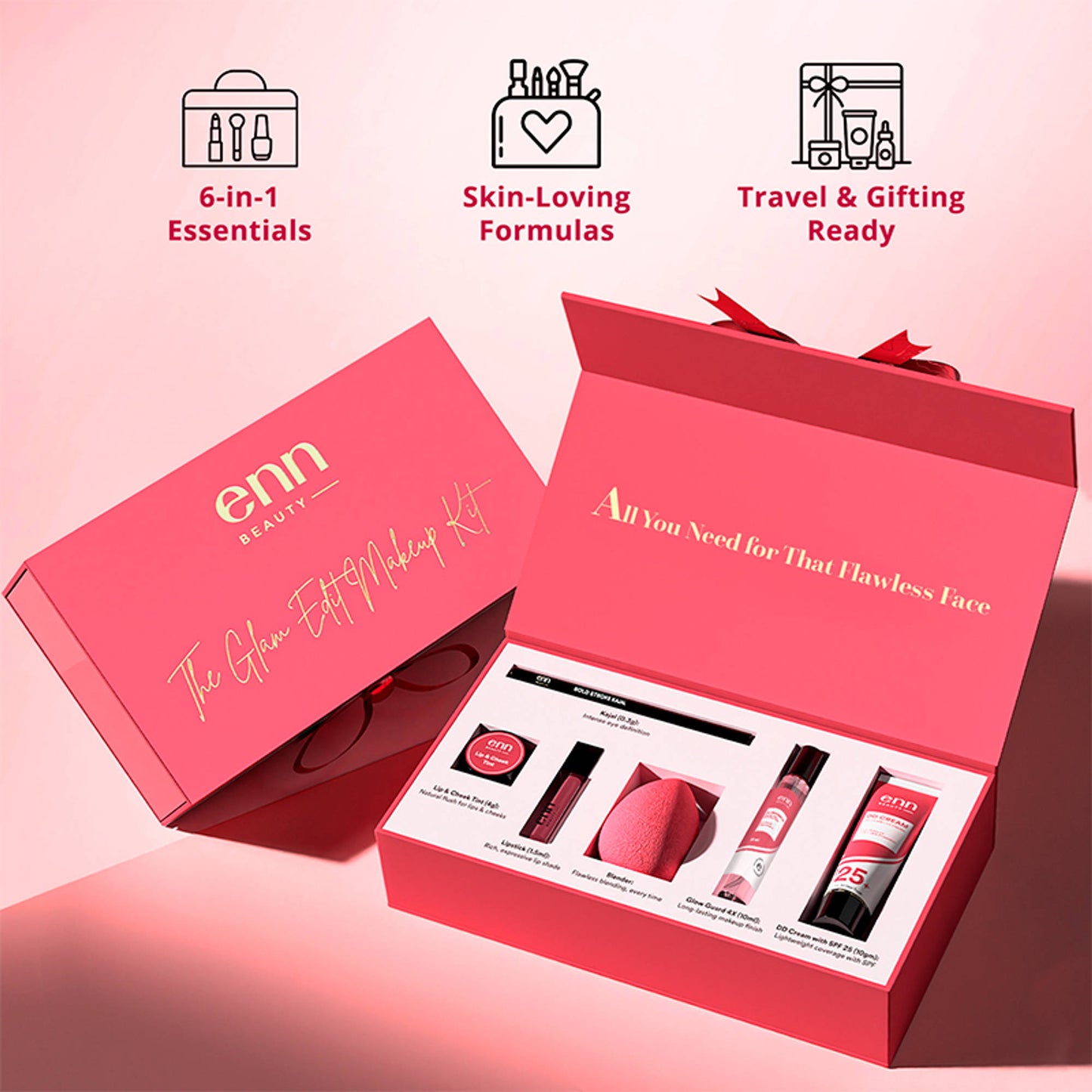 ENN The Glam Edit Makeup Kit, DD Cream, Kajal, Lipstick, Tint, 4-in-1 Mist & Blender Gift Set