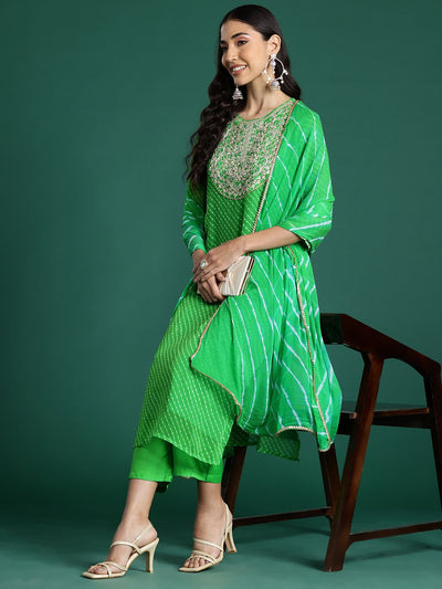 Indyancart IE Leheriya Printed Zari Kurta With Trousers & Dupatta