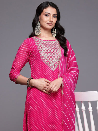 Indyancart VA Women'sBandhani Printed Sequinned Kurta With Trousers & Dupatta
