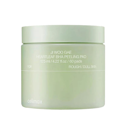 Celimax Ji Woo Gae Heartleaf BHA Peeling Pad with exfoliating, calming, and sebum control properties, shown in a close-up image.