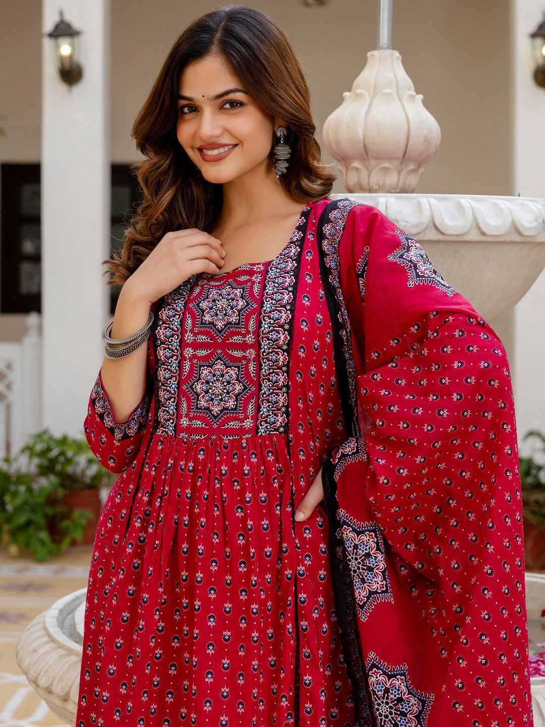 Ethnic Motifs Printed A Line Pure Cotton Kurta With Trousers & Dupatta