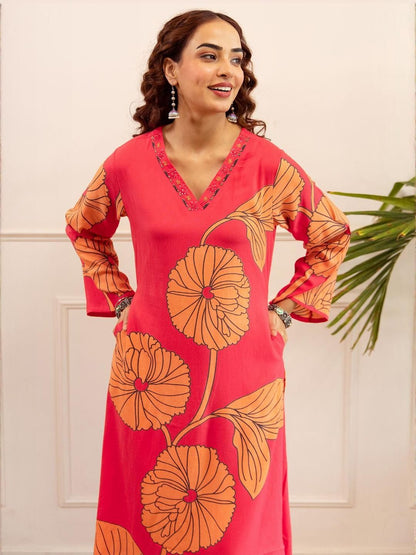 Dhiyona IE Pink Printed V-Neck Long Sleeve Tunic With Trouser Co-Ords