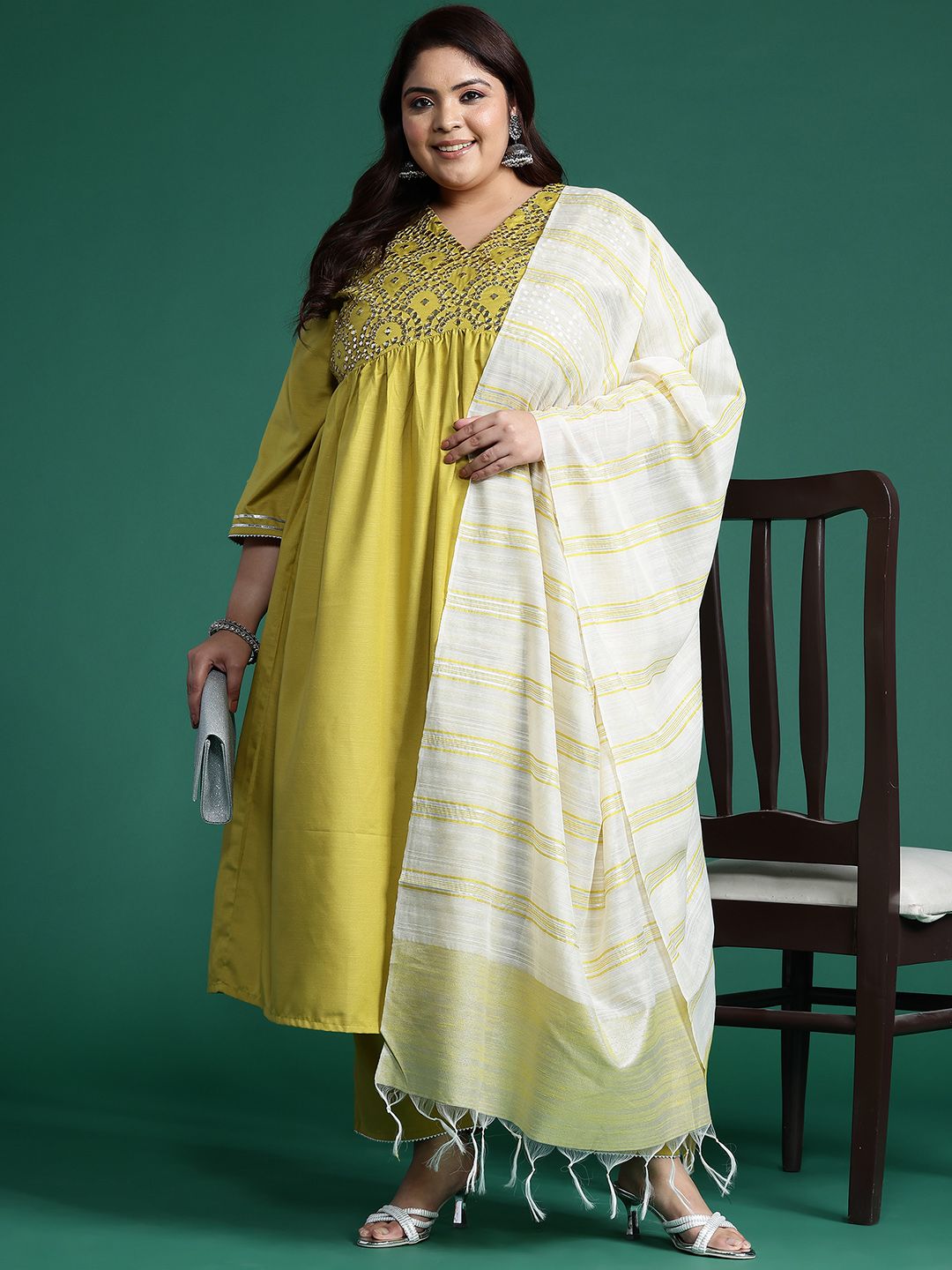 Indyancart Women's Plus Size Embroidered Empire Mirror Work Kurta With Trousers & Dupatta