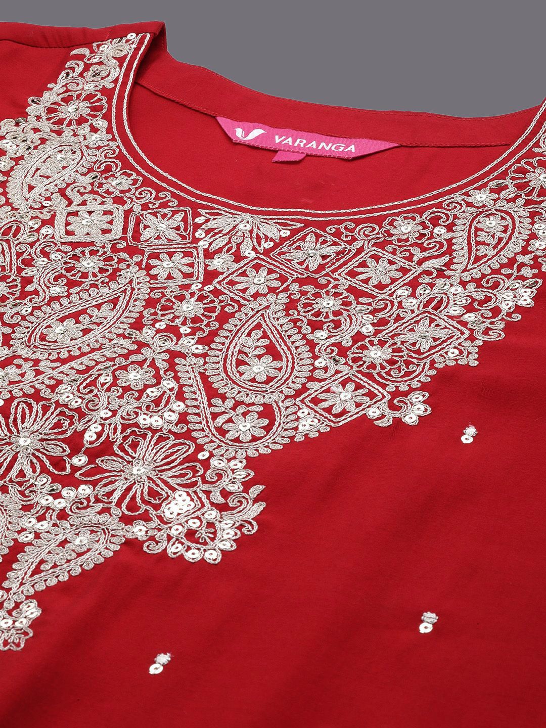 Indyancart VA Women'sFloral Embroidered Sequinned A-Line Kurta with Trousers with Dupatta