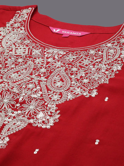 Indyancart VA Women'sFloral Embroidered Sequinned A-Line Kurta with Trousers with Dupatta