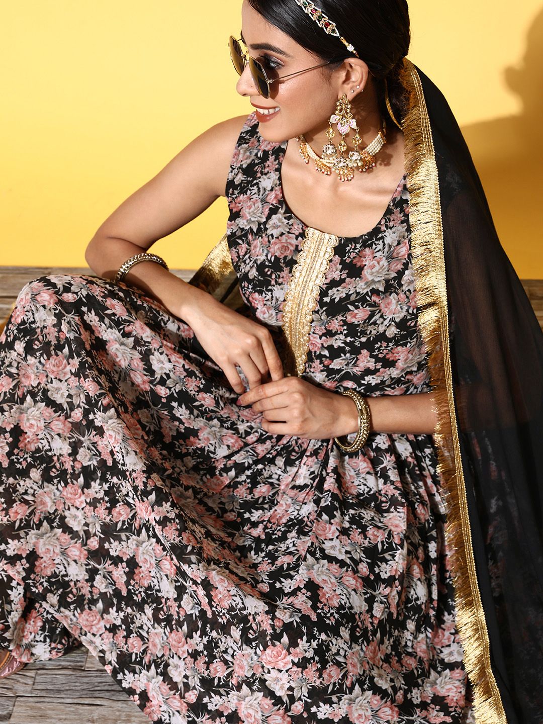 Indyancart VA Women Black Floral Printed Pleated Kurta with Sharara & With Dupatta