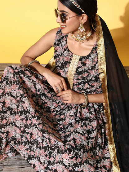 Indyancart VA Women Black Floral Printed Pleated Kurta with Sharara & With Dupatta