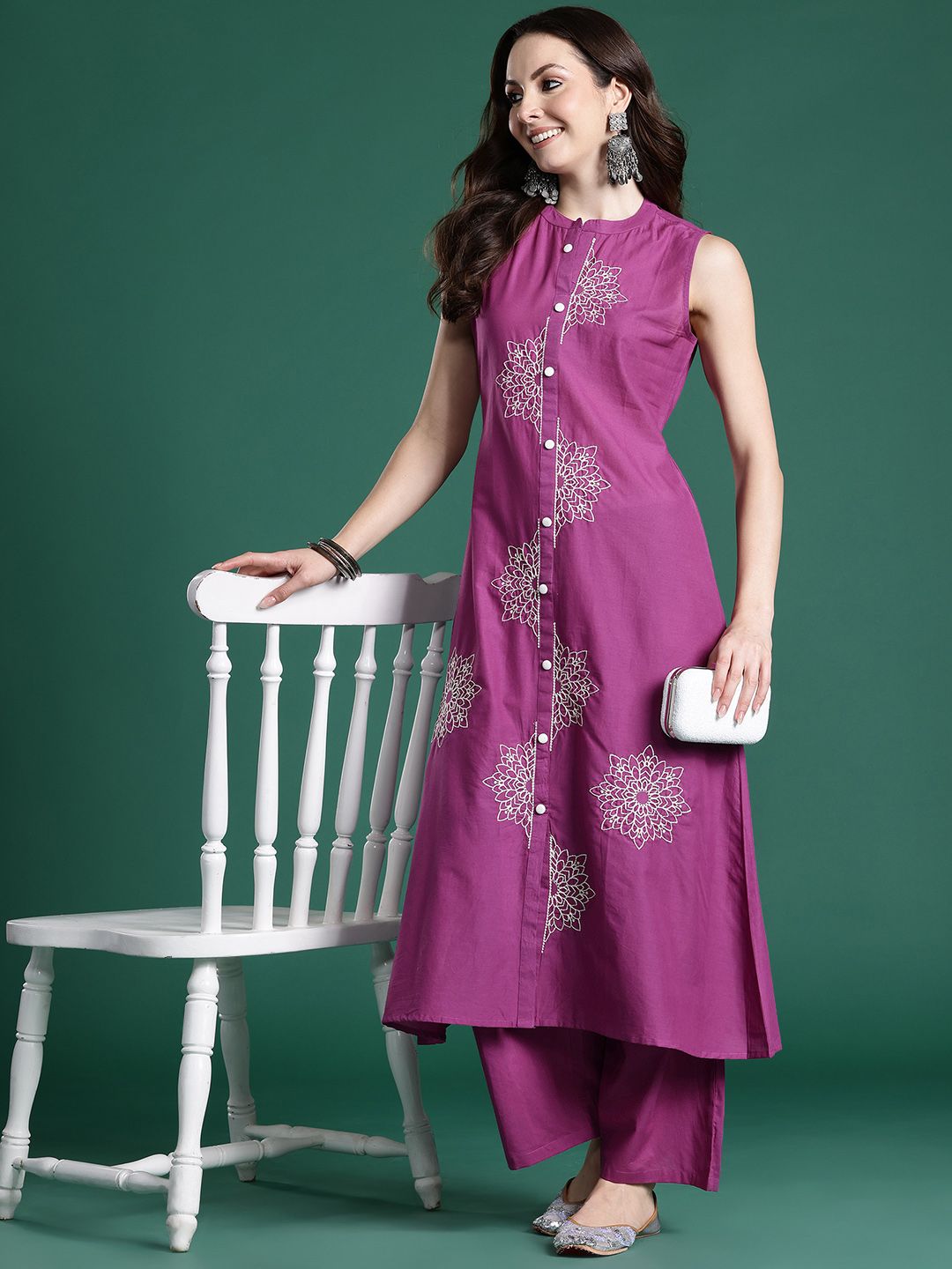 Floral Embroidered Thread Work Pure Cotton Kurta with Palazzos