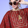 Indyancart IE Women Maroon & Navy Blue Cotton Geometric Printed Extended Sleeves Kaftan Kurta