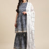 Dhiyona VA Women's Navy Blue Striped Empire Sequinned Kurta with Sharara & With Dupatta